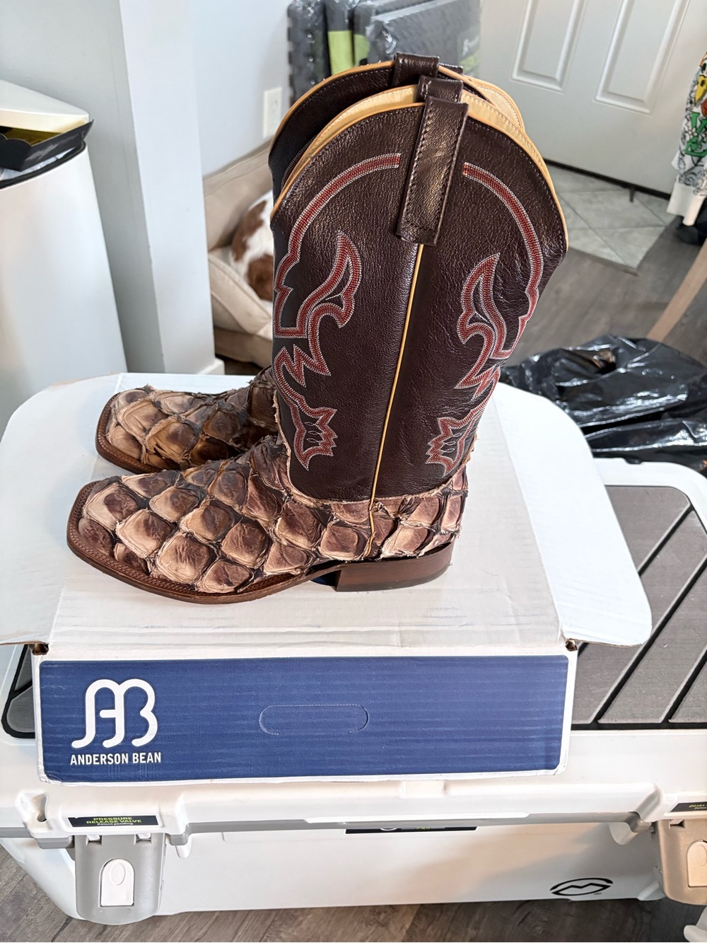 Anderson Bean Brown Leather Western Boots with Tan Scale Toe